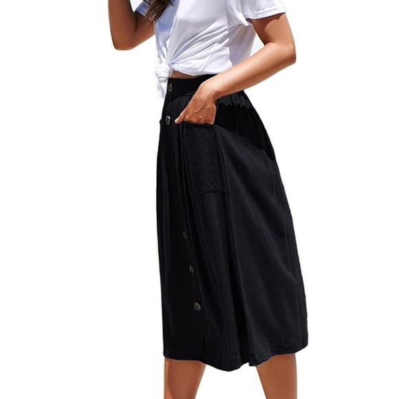Women's High Waisted Pleated Midi Skirt w/ Pockets - Black - Picture 3 of 6